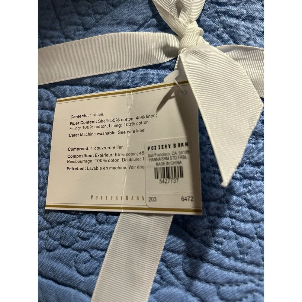 Pottery Barn Hanna Cotton Linen Quilted Standard‎ Sham Blue NWT